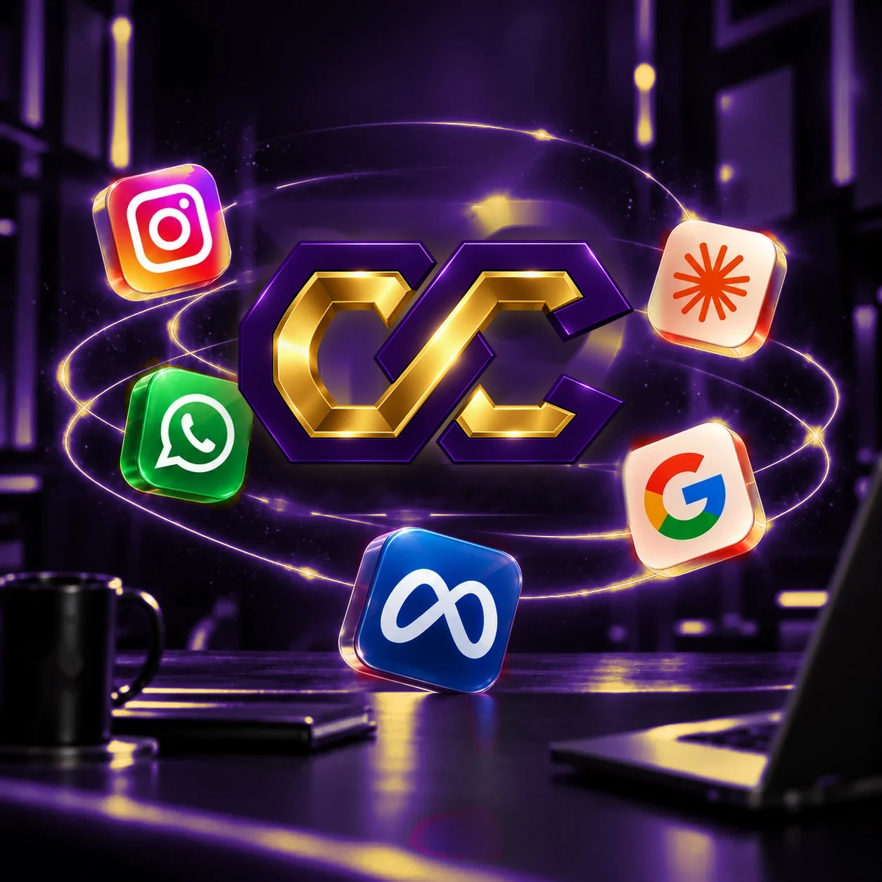 Símbolo da Oppus Company com os ícones de Instagram, WhatsApp, Meta, Google e IA orbitando